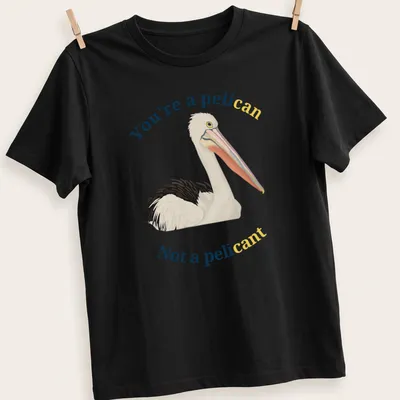 Illustrative design featuring a pelican with humorous text about being a pelican, not a pelicant.