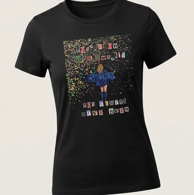 Colorful confetti design with sparkly text: You're On Your Own, Kid — printed on a women's shirt