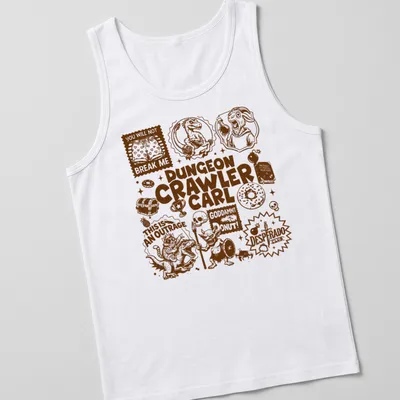 Comic illustration featuring various fantasy characters and the phrase about Dungeon Crawler Carl — printed on a tank top