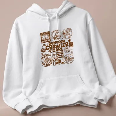 Comic illustration featuring various fantasy characters and the phrase about Dungeon Crawler Carl — printed on a unisex hoodie