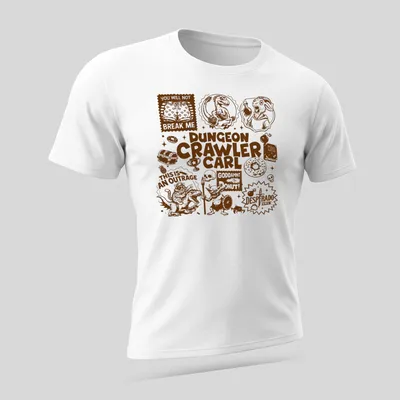 Comic illustration featuring various fantasy characters and the phrase about Dungeon Crawler Carl — printed on a unisex t-shirt (angled view)