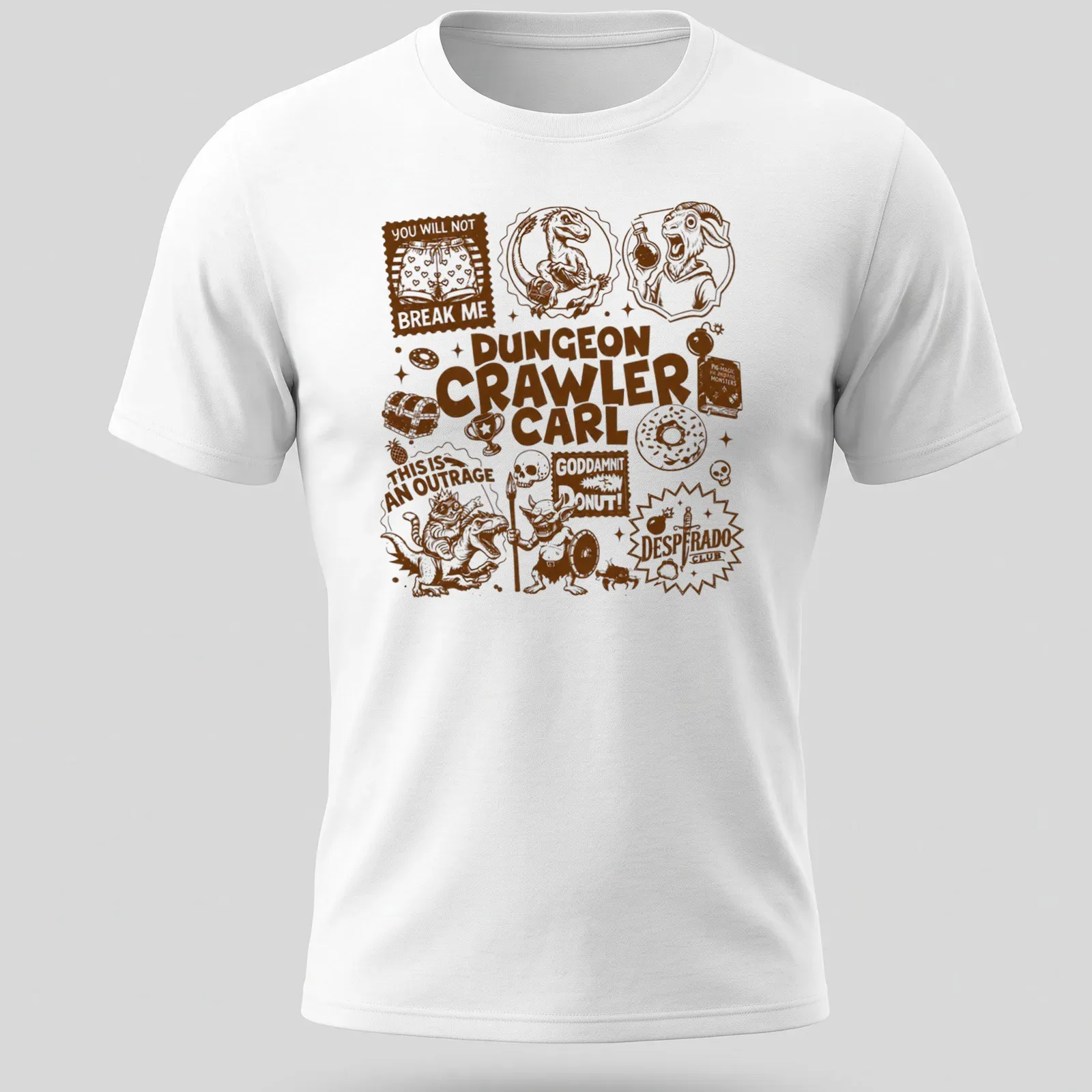 Comic illustration featuring various fantasy characters and the phrase about Dungeon Crawler Carl — printed on a unisex t-shirt