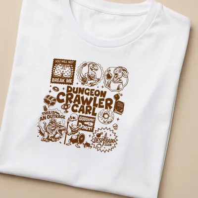 Comic illustration featuring various fantasy characters and the phrase about Dungeon Crawler Carl — printed on a women's shirt